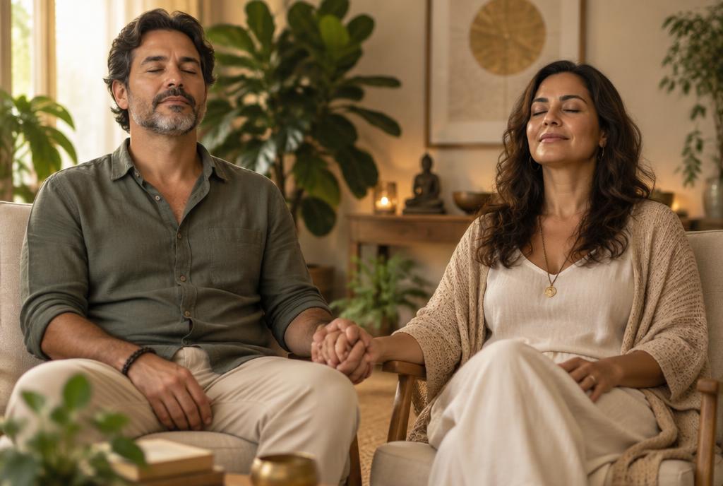 Casal em sessão terapêutica de meditação e reconexão